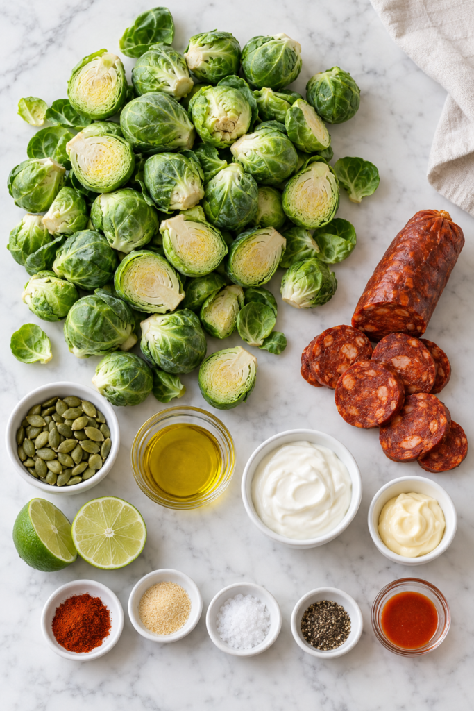 Brussels sprouts, sliced chorizo, pepitas, olive oil, lime, sour cream, mayonnaise, and seasonings arranged on white marble.
