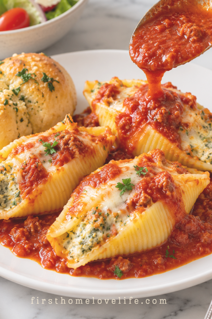 Classic lasagna stuffed shells with ricotta and ground beef marinara on a white plate with a garlic roll and Italian side salad.