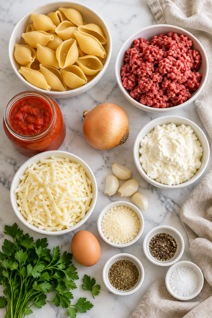 Ingredients for classic lasagna stuffed shells including jumbo pasta shells, ground beef, marinara sauce, ricotta, mozzarella, Parmesan, onion, garlic, and herbs.