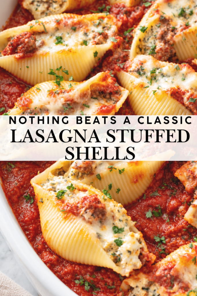 Classic lasagna stuffed shells filled with ricotta and ground beef, baked in marinara sauce with melted mozzarella.