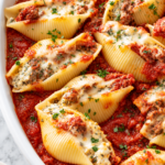 Classic lasagna stuffed shells filled with ricotta and ground beef in marinara sauce, topped with melted mozzarella in a white baking dish.