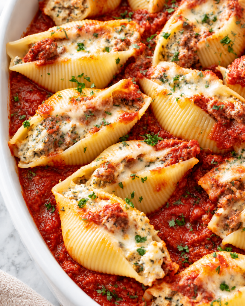 Classic lasagna stuffed shells filled with ricotta and ground beef in marinara sauce, topped with melted mozzarella in a white baking dish.