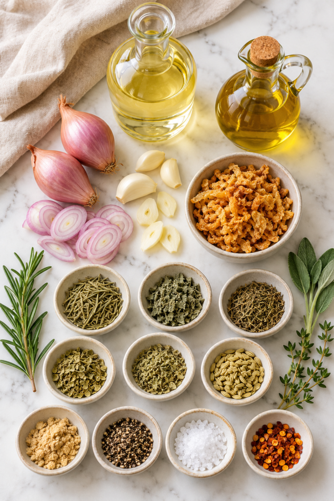 Flat lay of ingredients for copycat Williams Sonoma Thanksgiving Crunch oil including shallots, garlic, crispy fried onions, olive oil, grapeseed oil, rosemary, sage, thyme, fennel, and holiday spices.