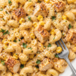 Creamy Cajun chicken pasta with sweet corn, cavatappi, and garlic Parmesan sauce in a white bowl with a silver fork tucked into the pasta.