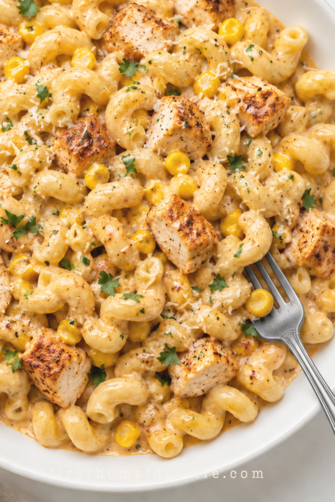 Creamy Cajun chicken pasta with sweet corn, cavatappi, and garlic Parmesan sauce in a white bowl with a silver fork tucked into the pasta.
