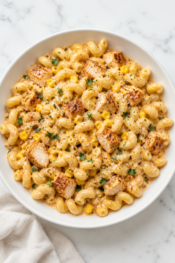 Creamy Cajun chicken pasta with sweet corn, cavatappi, golden chicken pieces, and garlic Parmesan sauce in a white bowl topped with parsley.