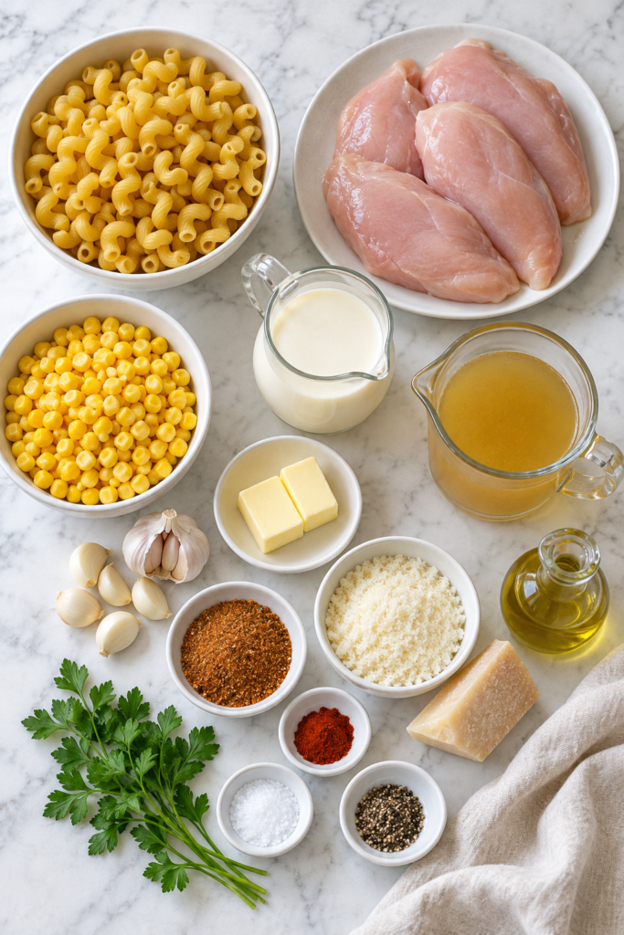 Ingredients for creamy Cajun chicken pasta with sweet corn, including chicken breasts, cavatappi, garlic, Parmesan, heavy cream, butter, and Cajun seasoning on white marble.