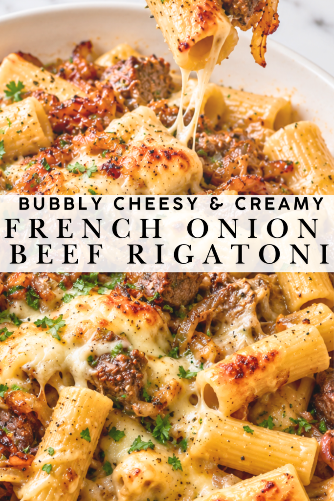 French onion beef rigatoni with caramelized onions and golden melted cheese, with text reading “Bubbly Cheesy & Creamy French Onion Beef Rigatoni.”
