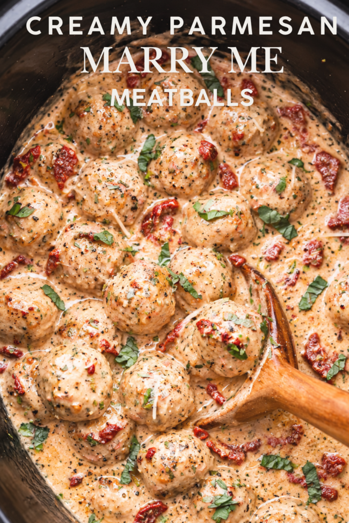 Creamy Crockpot Marry Me Chicken Meatballs with parmesan, sun-dried tomatoes, and basil in a black slow cooker.