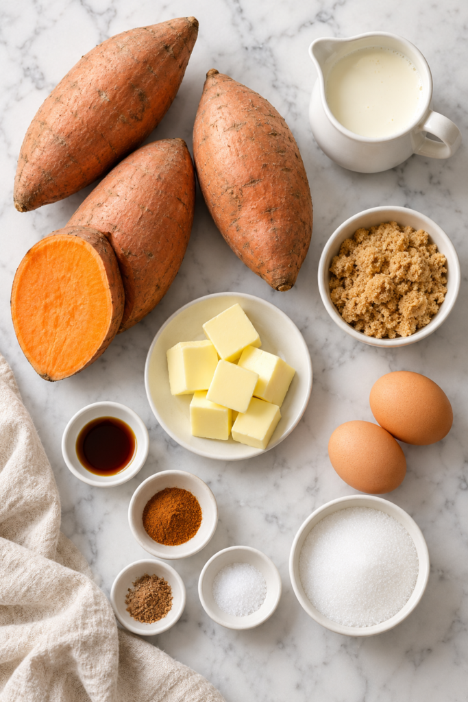 Sweet potatoes, butter, cream, eggs, brown sugar, granulated sugar, vanilla, cinnamon, nutmeg, and salt arranged on white marble.