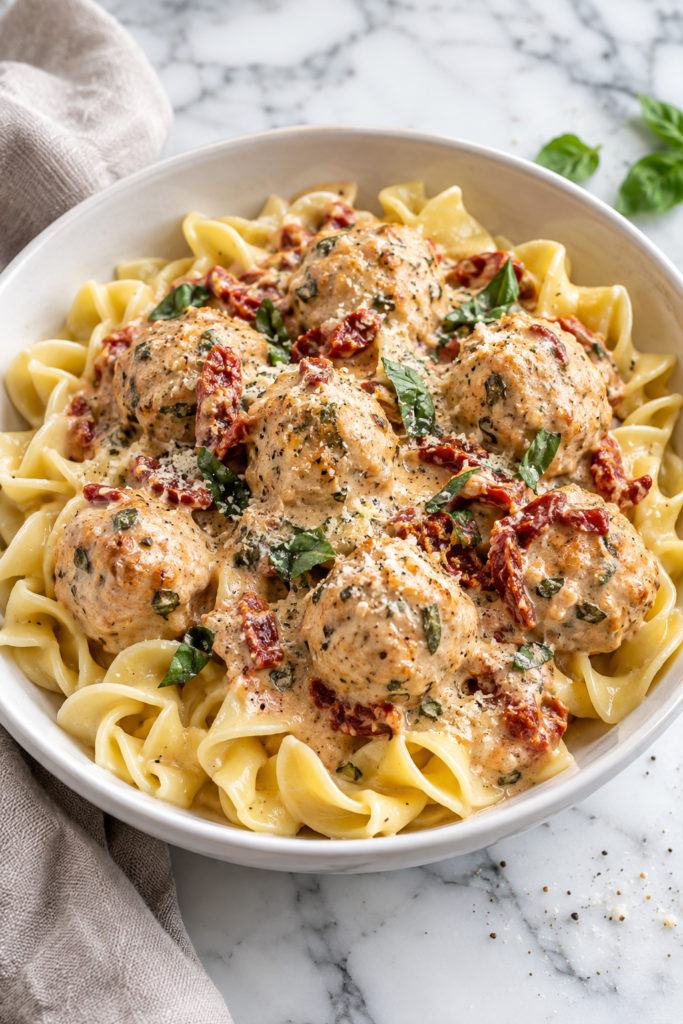 Creamy Crockpot Marry Me Chicken Meatballs served over egg noodles with sun-dried tomatoes, parmesan, and fresh basil.