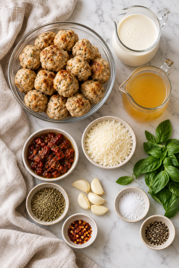 Flat lay of ingredients for Crockpot Marry Me Chicken Meatballs, including chicken meatballs, cream, chicken broth, sun-dried tomatoes, parmesan, garlic, basil, and seasonings.