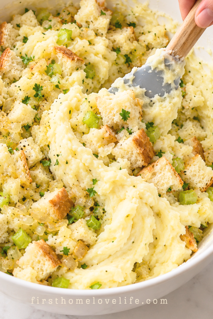 A spatula folding bread cubes, celery, onion, and parsley into mashed potatoes in a large white mixing bowl.