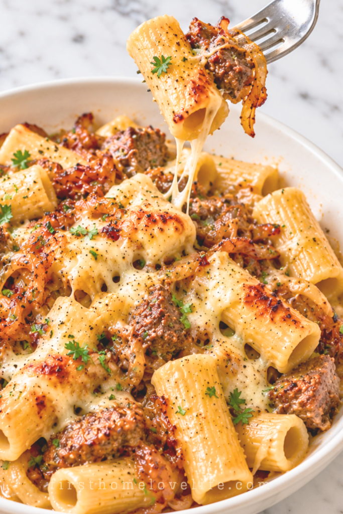 Fork lifting rigatoni, beef, and caramelized onions with melted cheese from a white bowl of French onion beef pasta.