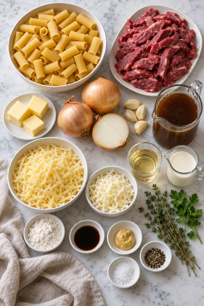 Overhead view of French onion beef pasta ingredients, including raw steak, rigatoni, onions, shredded cheese, broth, cream, garlic, and herbs on marble.
