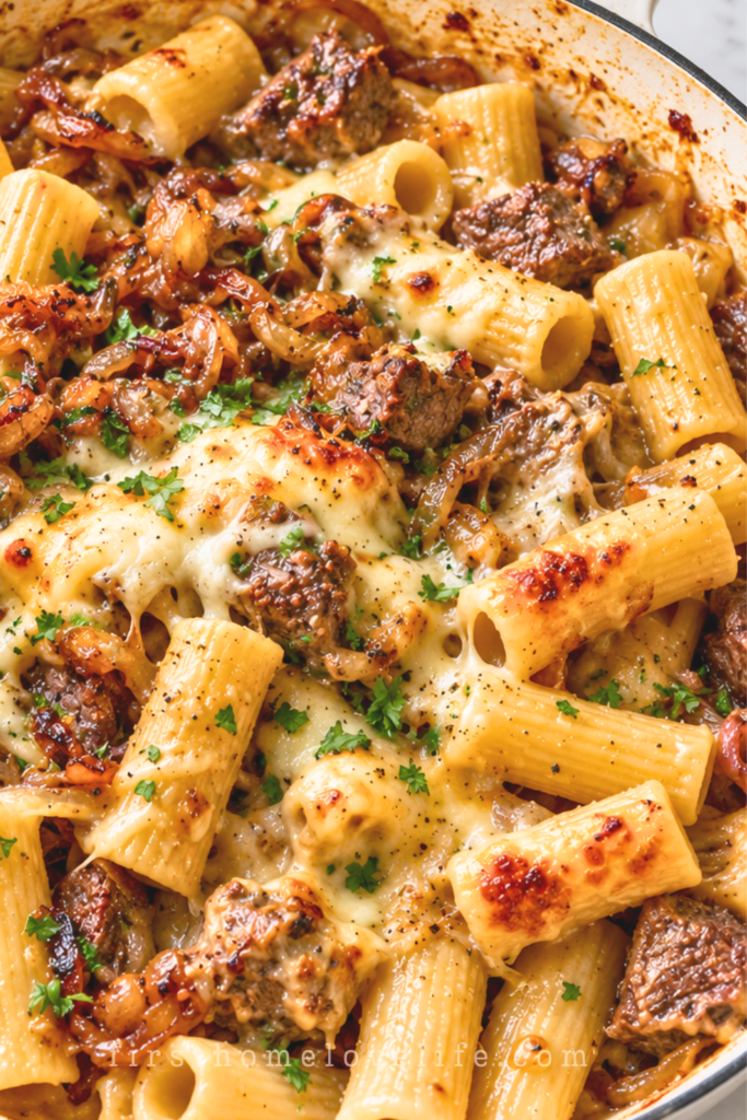French onion beef pasta with rigatoni, seared steak, caramelized onions, and golden melted Gruyère in a white skillet.