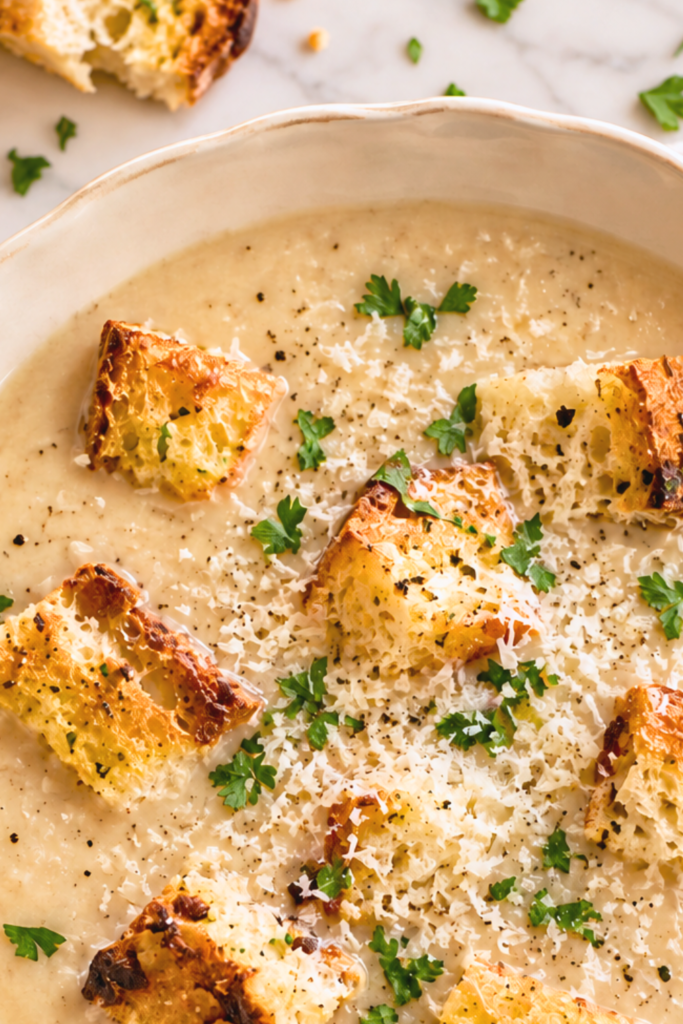 Close-up of creamy garlic bread soup topped with golden croutons, grated Parmesan, parsley, and cracked black pepper.