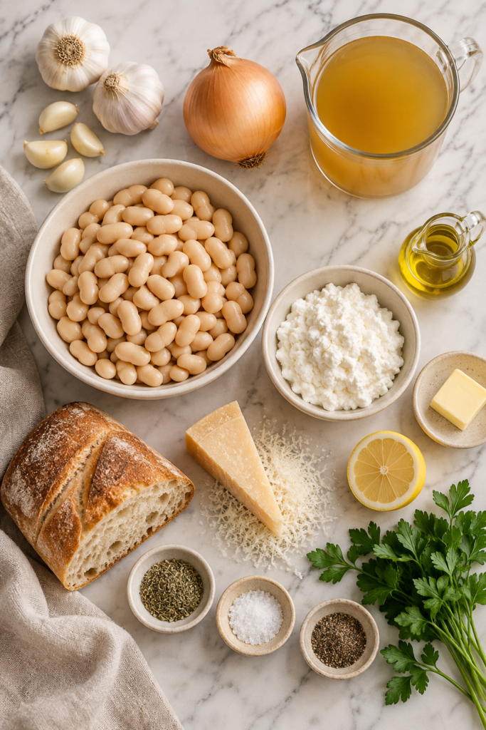 Garlic, white beans, cottage cheese, Parmesan, broth, bread, onion, and herbs arranged on a white marble counter.