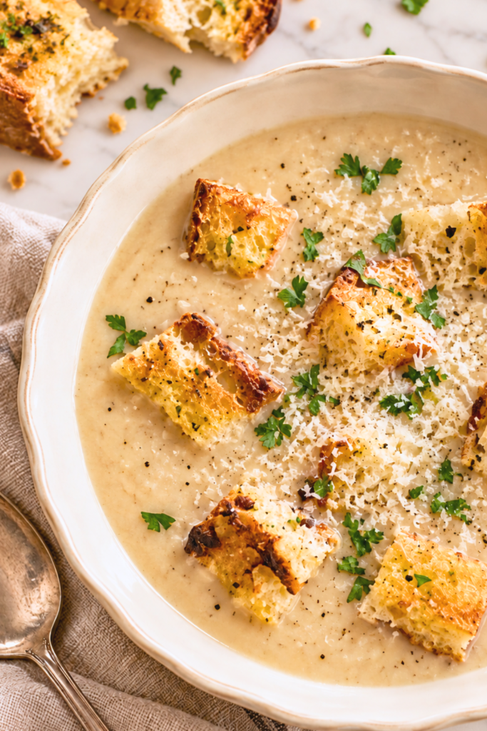 Creamy garlic bread soup topped with golden croutons, grated Parmesan, and parsley in an ivory bowl on a marble counter.
