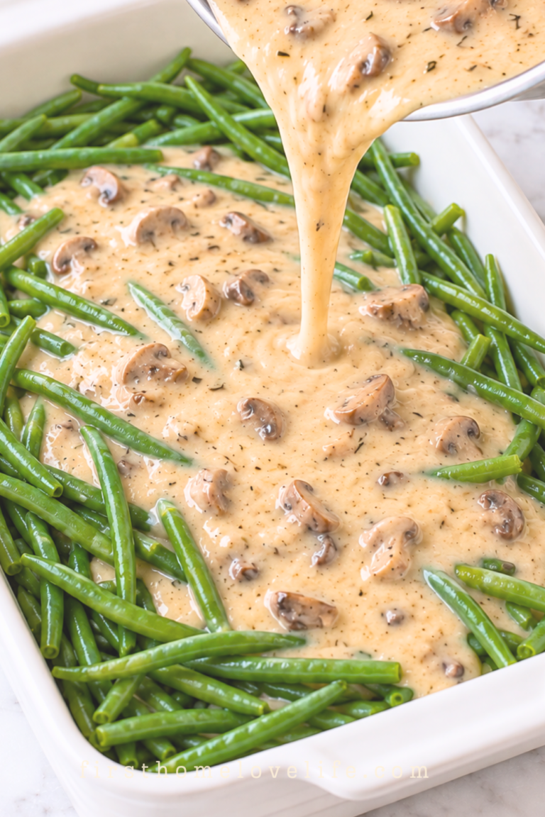 Homemade cream of mushroom soup poured from a silver saucepan over long green beans in a white casserole dish on marble.