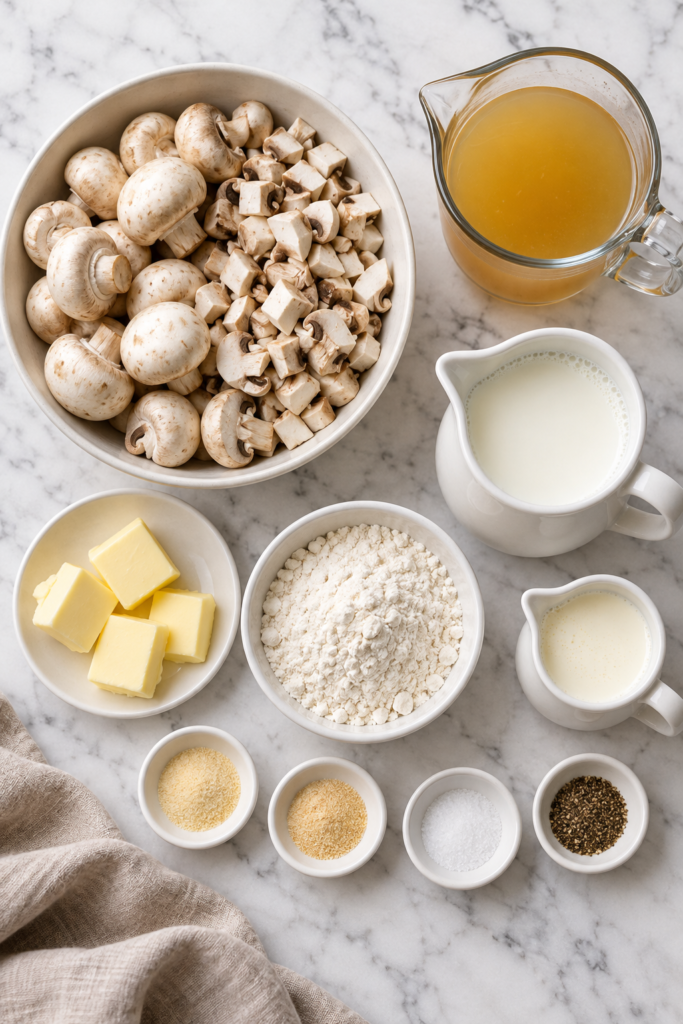 Flat lay of mushrooms, butter, flour, broth, milk, cream, and seasonings on a marble countertop for homemade cream of mushroom soup.