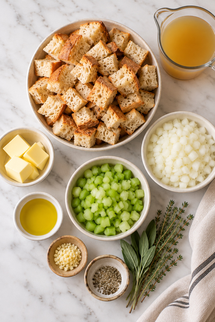 Overhead view of sourdough stuffing ingredients including cubed sourdough bread, butter, celery, onions, garlic, fresh herbs, and chicken broth.