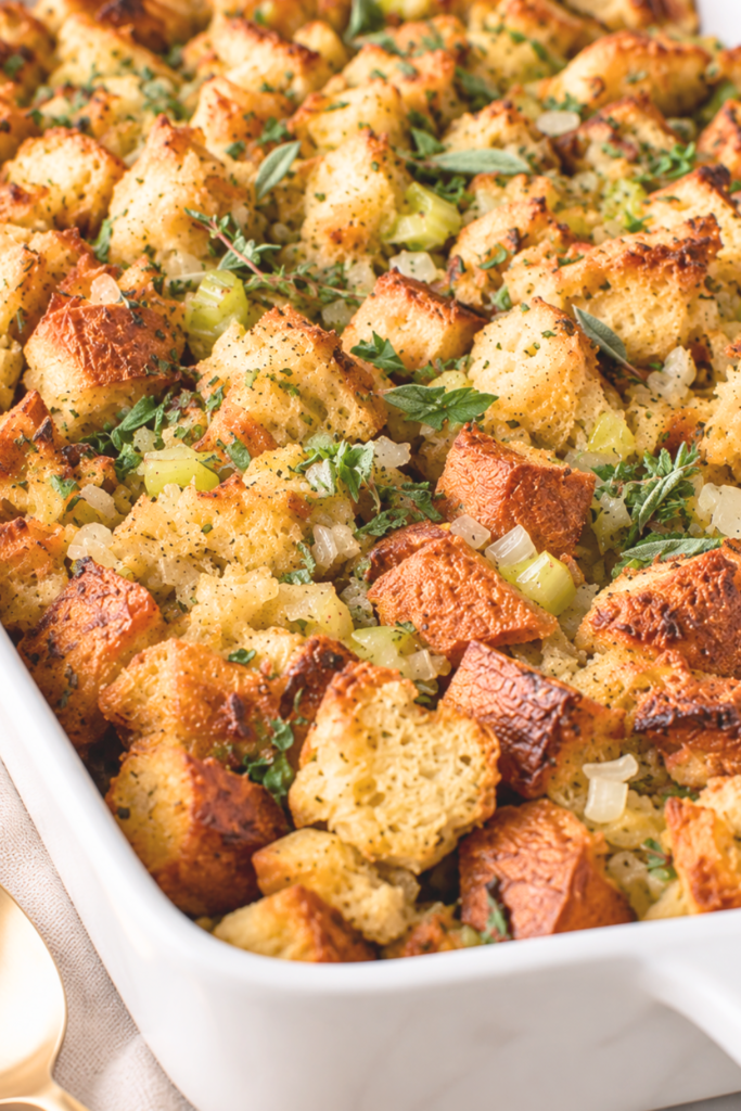 Homemade sourdough stuffing with golden crispy bread cubes, fresh herbs, celery, and onions baked in a white casserole dish.