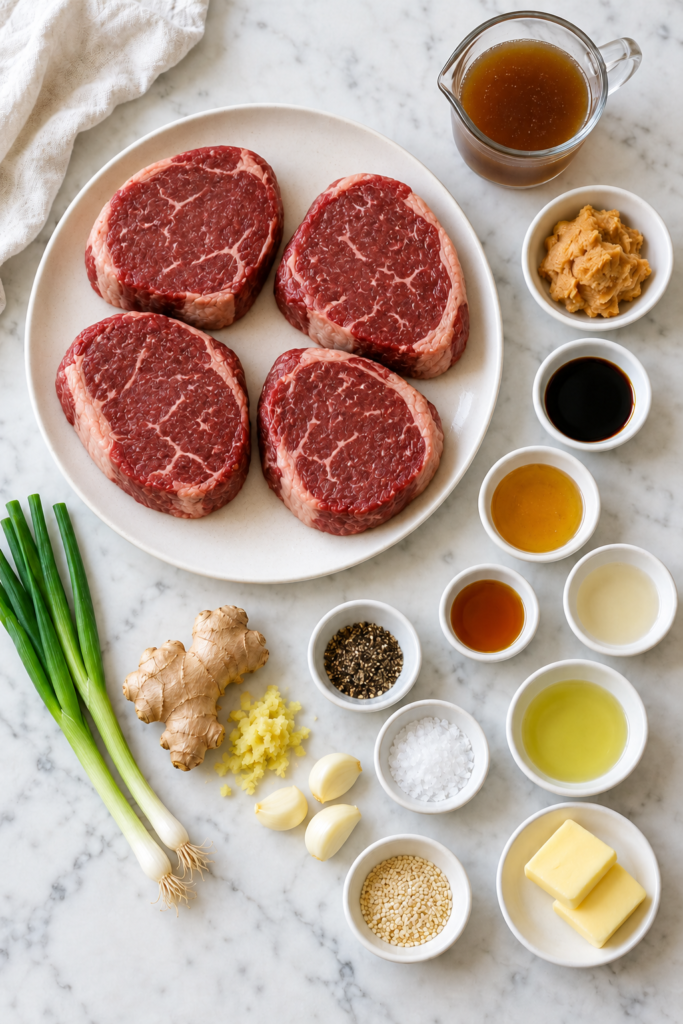 Flat lay of sirloin steaks, miso paste, ginger, garlic, butter, broth, soy sauce, honey, oils, rice vinegar, green onions, and sesame seeds on marble.