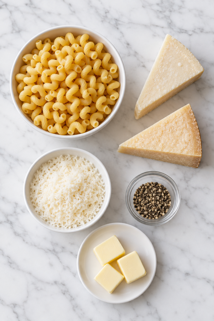 Ingredients for one pot cacio e pepe mac and cheese including cavatappi pasta, Pecorino Romano, Parmesan cheese, cracked black pepper, and butter.