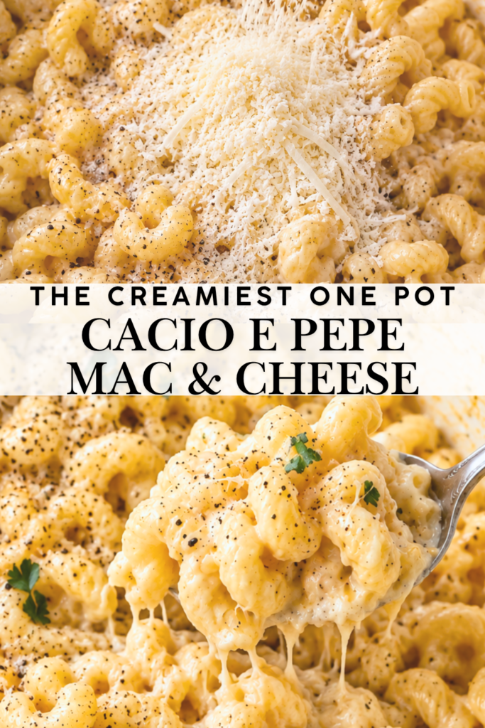 Creamy one pot cacio e pepe mac and cheese with grated Pecorino Romano, cracked black pepper, and a spoonful of cheesy cavatappi pasta.