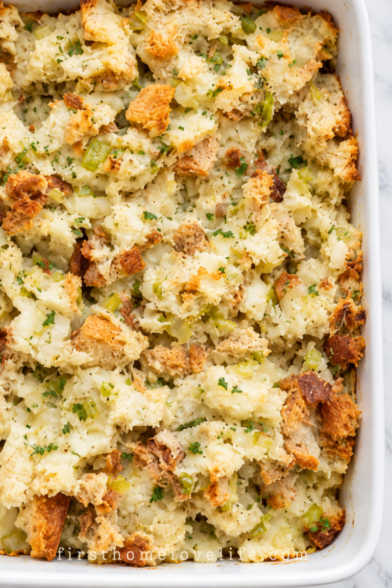 Pennsylvania Dutch potato filling with golden bread pieces, creamy mashed potatoes, celery, and parsley in a white casserole dish on marble.