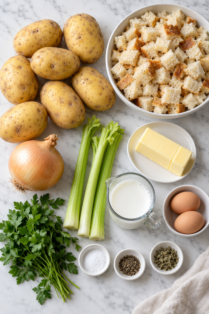 Overhead view of potatoes, bread cubes, butter, onion, celery, milk, eggs, parsley, salt, pepper, and sage on white marble.