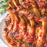 Golden roasted pork crown roast coated in a sweet and spicy red pepper jelly glaze with fresh rosemary and glaze dripping onto a white serving platter.