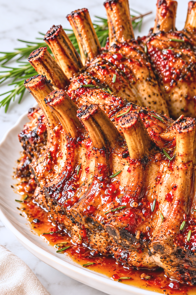 Golden roasted pork crown roast coated in a sweet and spicy red pepper jelly glaze with fresh rosemary and glaze dripping onto a white serving platter.
