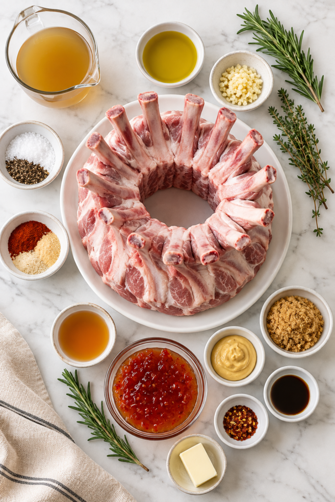 Overhead view of raw pork crown roast surrounded by red pepper jelly, Dijon mustard, garlic, rosemary, thyme, spices, and glaze ingredients on white marble.
