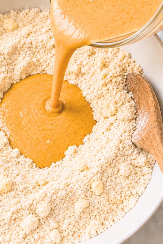 Pumpkin mixture pouring from a glass bowl into the dry scone ingredients in a white mixing bowl with a wooden spoon.