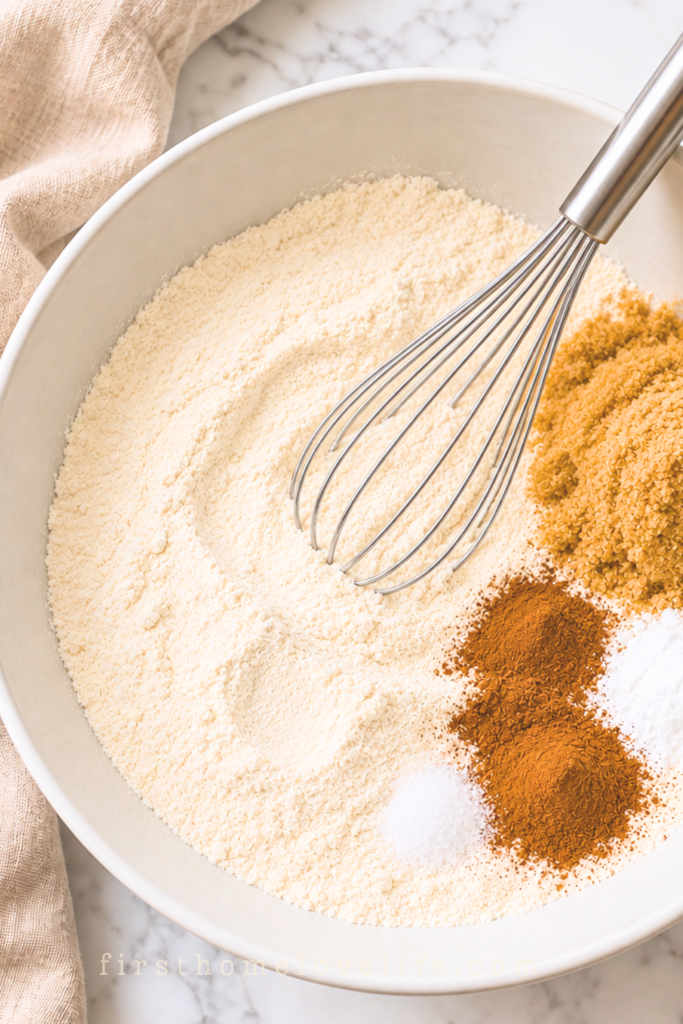 Flour, brown sugar, pumpkin pie spice, cinnamon, baking powder, and salt in a white mixing bowl with a whisk.