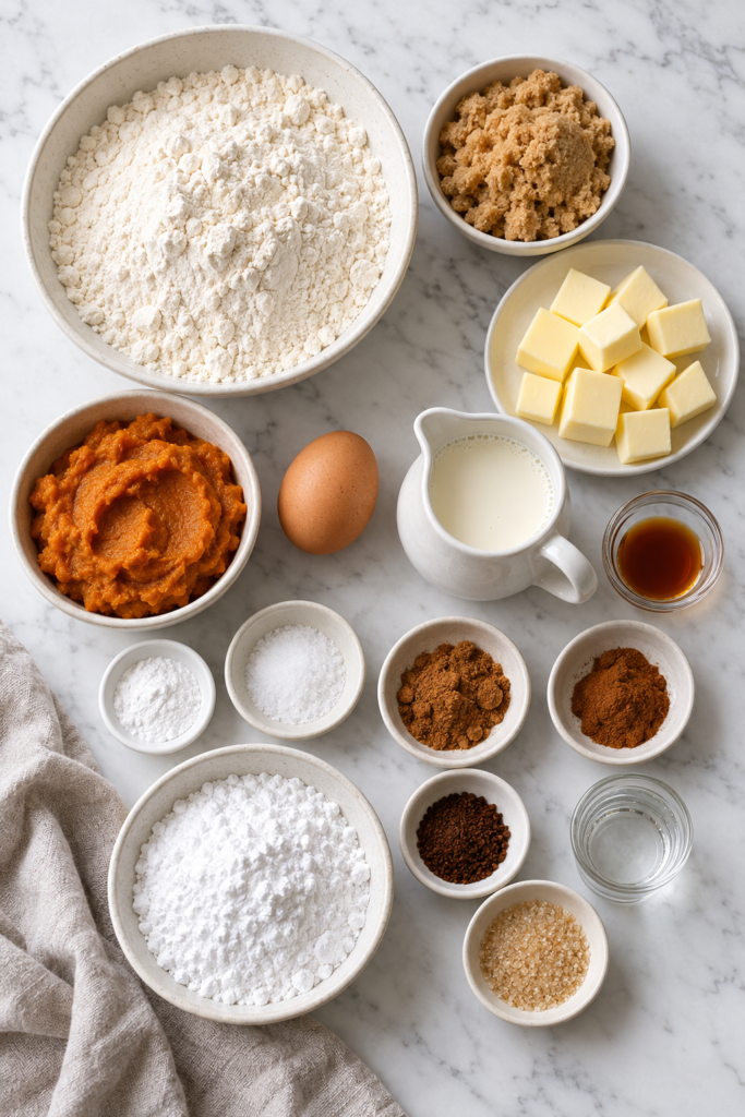Overhead view of flour, pumpkin puree, butter, brown sugar, egg, cream, spices, powdered sugar, and espresso powder arranged on marble.