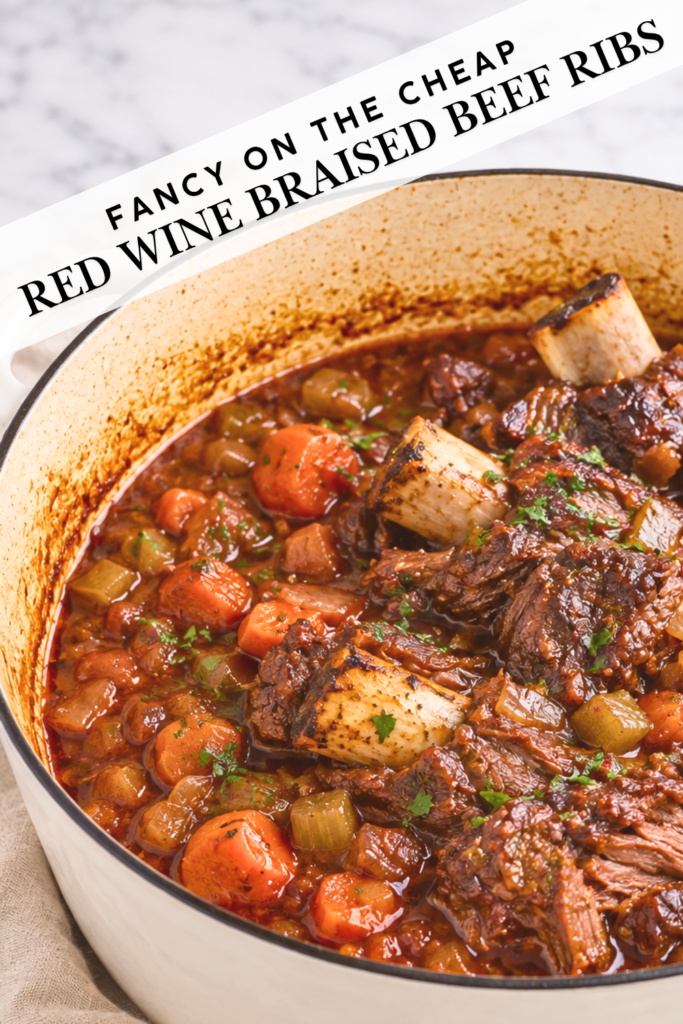 Braised beef chuck riblets with carrots, celery, and onions in rich red wine gravy in a white Dutch oven