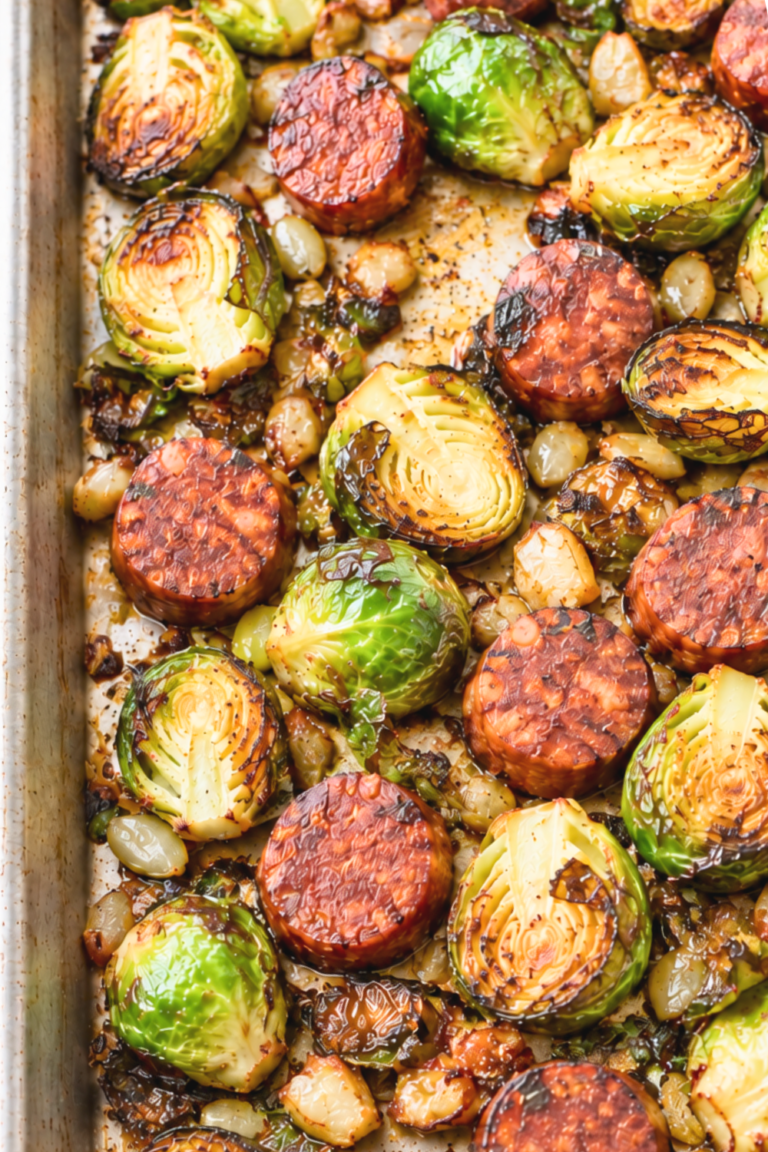 Close-up of roasted Brussels sprout halves and browned chorizo slices on a sheet pan.