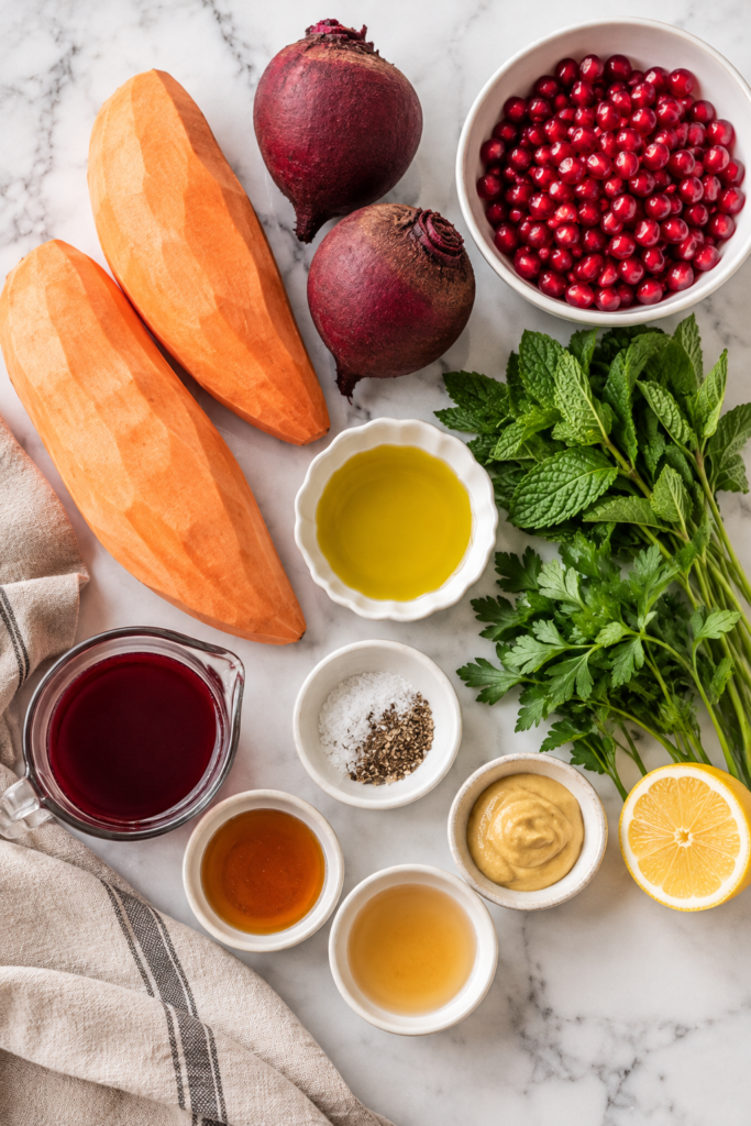 Ingredients for roasted sweet potato spiral salad with sweet potatoes, red beets, pomegranate seeds, fresh herbs, and homemade pomegranate dressing.