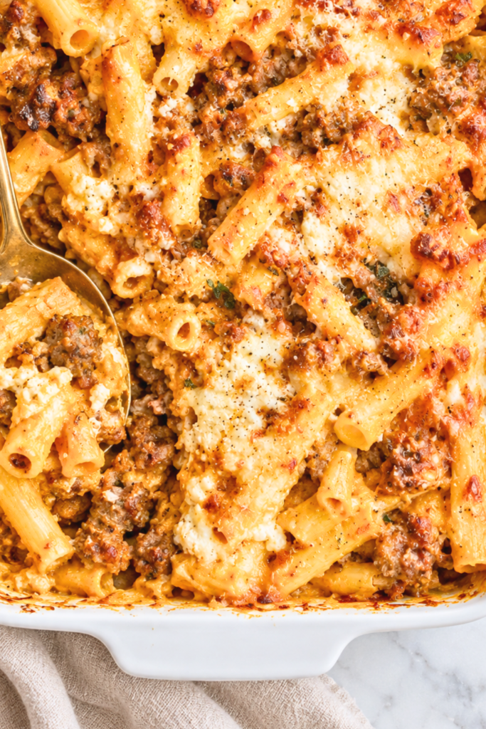Sausage and pumpkin baked ziti with melted mozzarella and ricotta in a white casserole dish with a gold serving spoon.