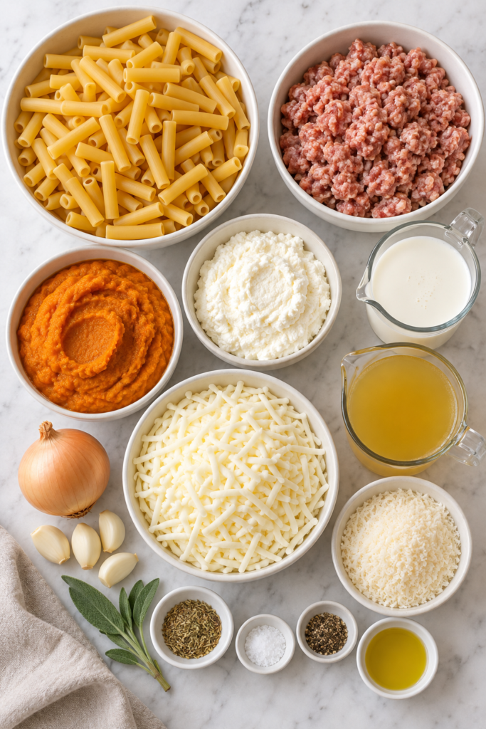 Overhead view of ziti, Italian sausage, pumpkin purée, ricotta, mozzarella, Parmesan, cream, broth, onion, garlic, and sage on marble.