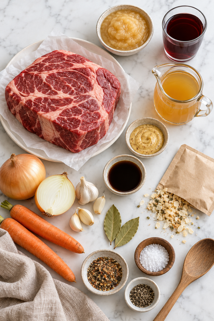Ingredients for slow cooker chuck roast with apple cider, pomegranate juice, applesauce, Dijon honey mustard, Lipton onion soup mix, onion, carrots, and garlic.
