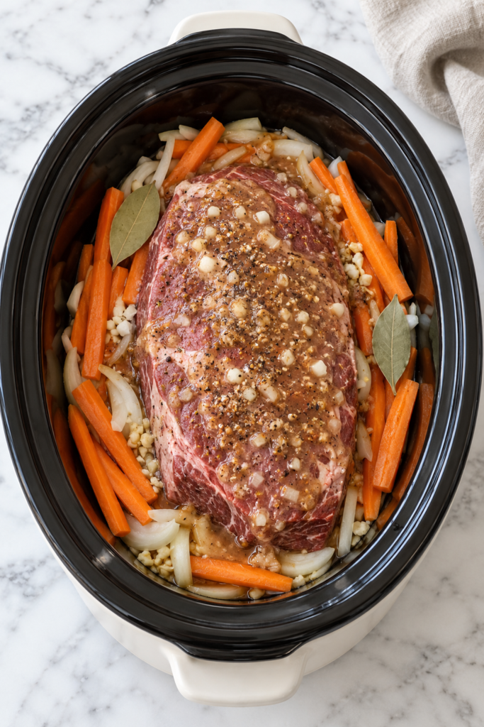 Raw chuck roast with carrots, onions, garlic, bay leaves, and apple-pomegranate sauce in a Crockpot before cooking.