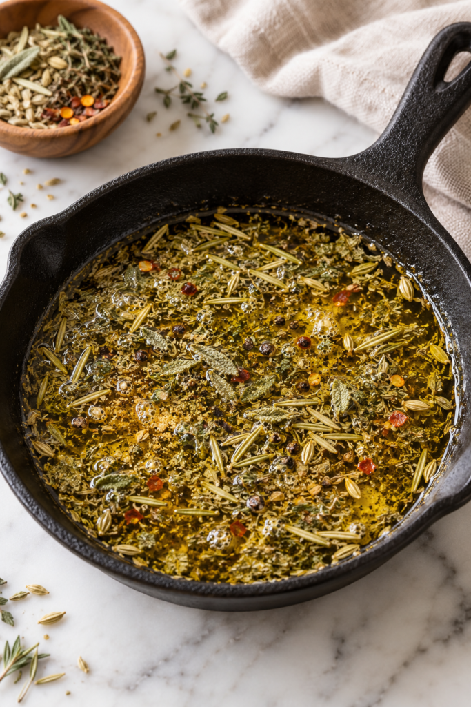 Dried rosemary, sage, thyme, fennel seeds, black pepper, ginger, and red pepper flakes blooming in warm oil in a cast iron skillet.