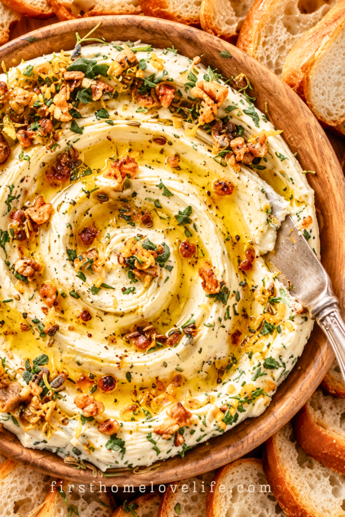 Whipped butter swirled with crispy Thanksgiving herb oil, fried onions, garlic, rosemary, sage, thyme, and black pepper, served with toasted crostini.